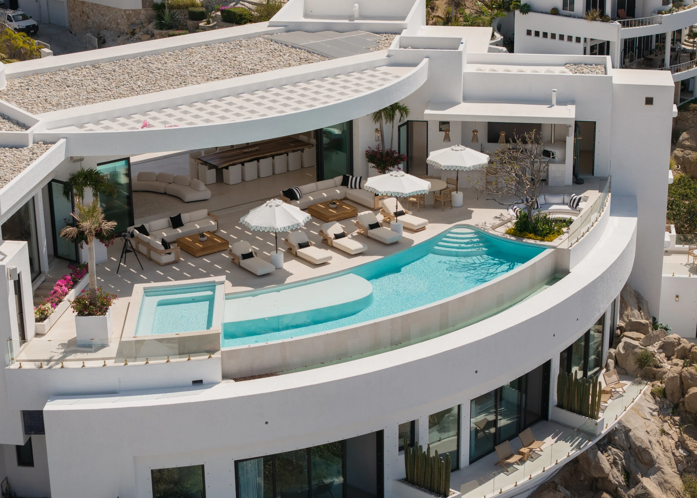 Aerial view of Villa Amira showing the infinity pool and contemporary architecture